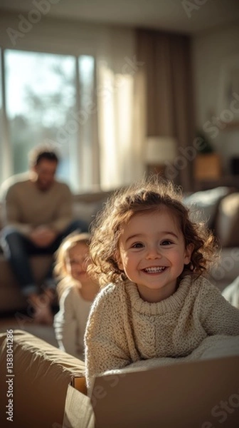 Fototapeta Happy girl plays in a box at home, her sister and father are blurred behind