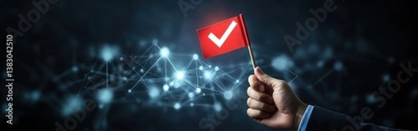 Fototapeta Hand holds check mark flag with networking background for project success