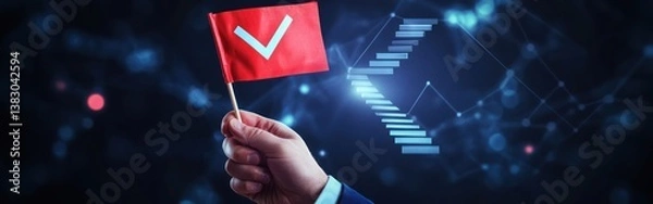 Fototapeta Hand Waving Flag With Check Mark Over Growing Financial Chart, Abstract Design