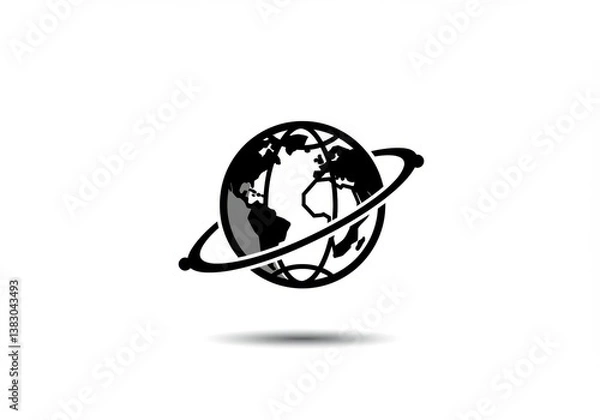 Fototapeta Stylized globe with ring orbiting around it on a white background with a subtle shadow below it