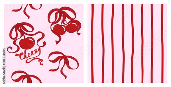 Fototapeta cherry bow setCoquette cherry with bows seamless pattern set. Cute berries with ribbons on pink and red colors. Romantic trendy hand-drawn, vector illustration.