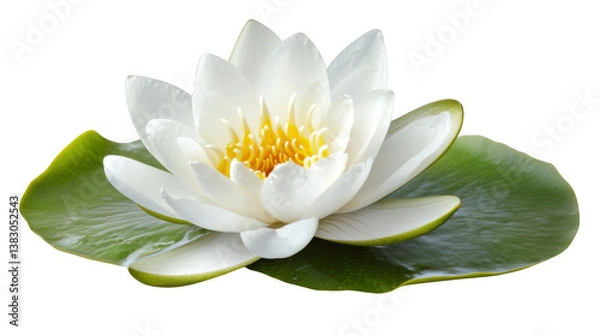 Fototapeta A close up of a white water lily with yellow center sitting on a green lily pad on black background