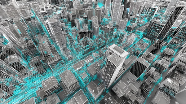 Obraz futurystyczny, cyfrowy pejzaż szkieletowy ze świecącymi na niebiesko mapami cieplnymi, przedstawiający planowanie urbanistyczne i wizualizację danych