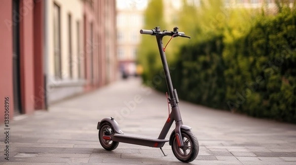Fototapeta A sleek electric scooter parked on a paved pathway, bordered by greenery and modern buildings, highlighting urban mobility and convenience.