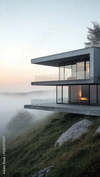 Obraz Modern Concrete House on Misty Hillside at Dawn