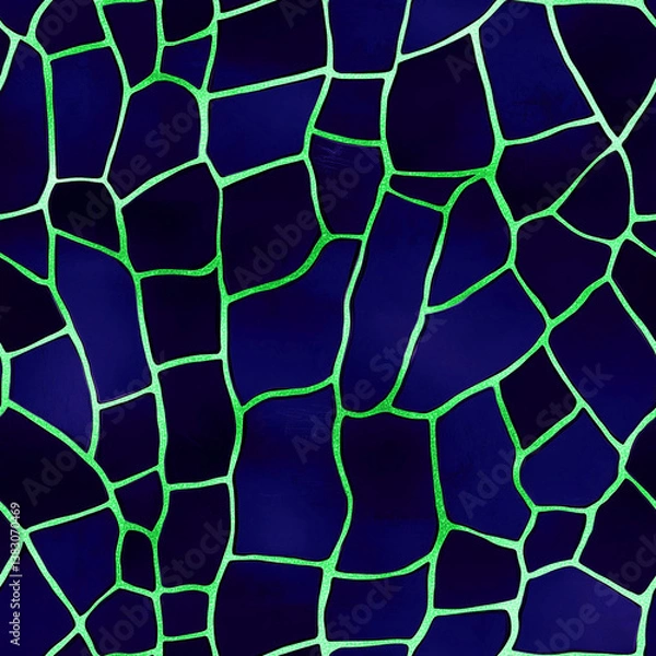 Obraz Flowing green veins traverse a dark blue tessellated surface, forming a mesmerizing and organic pattern that captivates with its intricate detail and vibrant colors