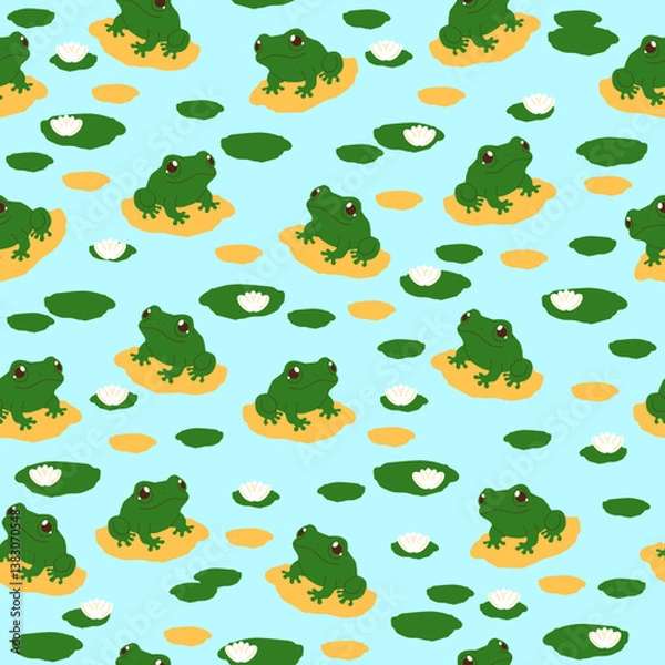 Obraz Seamless vector pattern with cute green frogs in pond with lily pads, simple flat illustration for kids, fabric wallpaper, textile surface spring summer nature animal theme, amphibian water plants