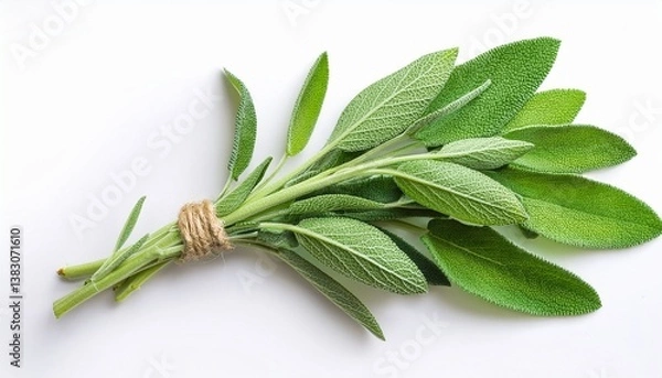 Obraz fresh sage herb against a white backdrop displayed from above with full depth of field flat lay