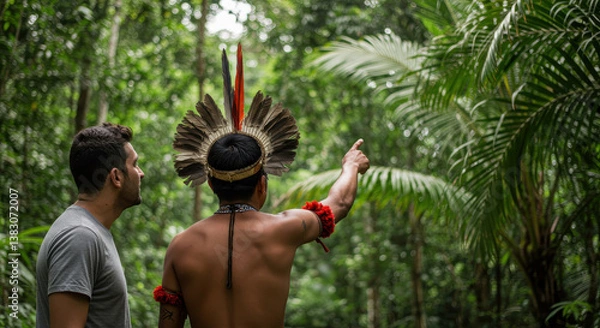 Fototapeta Amazon Discovery: Indigenous Guide Points the Way for Tourist in Lush Rainforest. Journey into the Heart of Nature!
