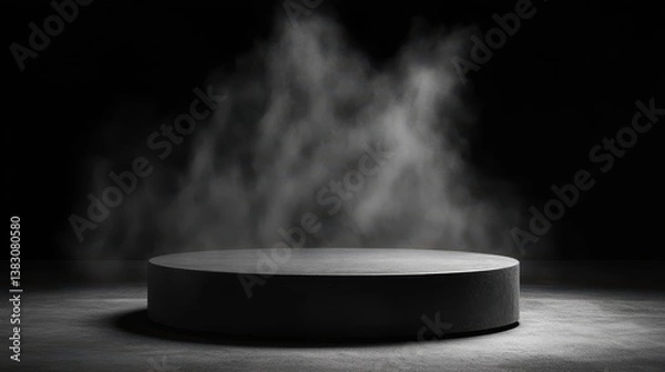 Fototapeta A foggy round podium set against a dark black background, creating a dramatic and mysterious atmosphere.
