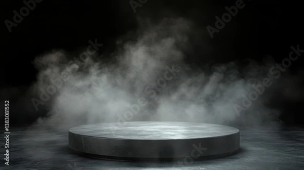 Fototapeta A foggy round podium set against a dark black background, creating a dramatic and mysterious atmosphere.