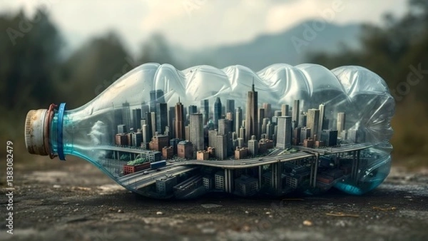 Fototapeta Miniature City Trapped in a Plastic Bottle – Symbol of Pollution, Urbanization, and Environmental Impact. Generative AI.	
