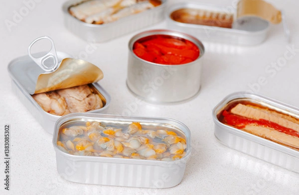 Obraz some open cans of food on the countertop