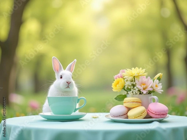 Obraz A charming outdoor Easter brunch scene with a curious white rabbit
