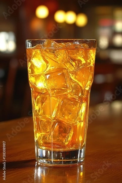 Fototapeta Refreshing glass of amber liquid with ice cubes on a wooden table in a warm restaurant setting capturing the essence of a cool drink