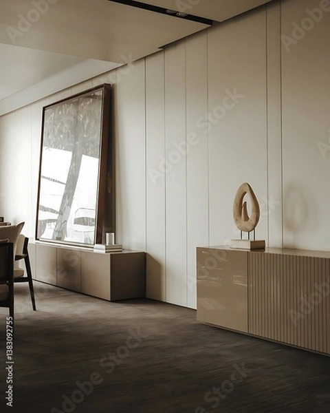 Fototapeta Minimalist home interior design of modern living room. Stylish cabinet near white wall with stone decorative sculpture and big art work in frame.
