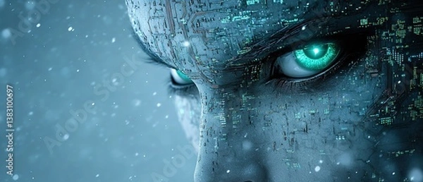 Fototapeta Close-up of a robotic eye, glowing green, intricate circuitry visible on the face, snowy background.  Cyberpunk, AI, futuristic.