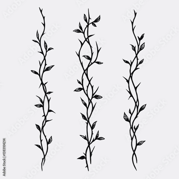 Fototapeta Set of twigs, branches of leaves. Seamless doodle floral pattern. Hand drawn Botanical drawing. Detailed line art of twigs and thorns vine illustration. Outline Simple Stylized Art