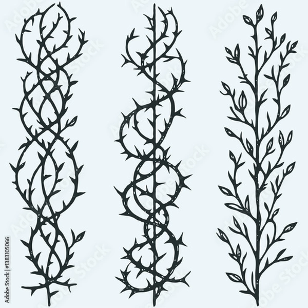 Obraz Set of twigs, branches of leaves. Seamless doodle floral pattern. Hand drawn Botanical drawing. Detailed line art of twigs and thorns vine illustration. Outline Simple Stylized Art
