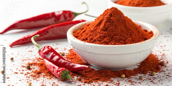 Fototapeta Vibrant red chili peppers, white ceramic bowl of paprika powder, bright orange spice, scattered powder, rustic wooden surface, macro photography, high contrast, culinary spices, rich colors,