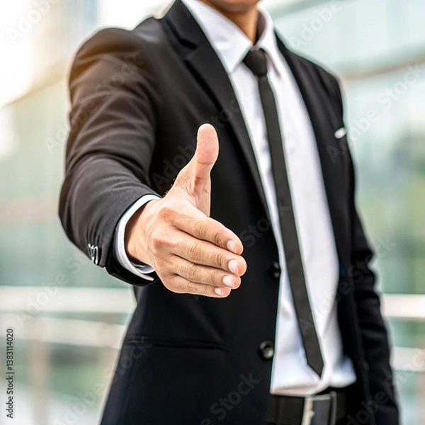 Fototapeta Business professional, extended hand, handshake gesture, suit and tie, confident posture, corporate environment, close-up shot, blurred background, formal attire, networking, professional greeting,