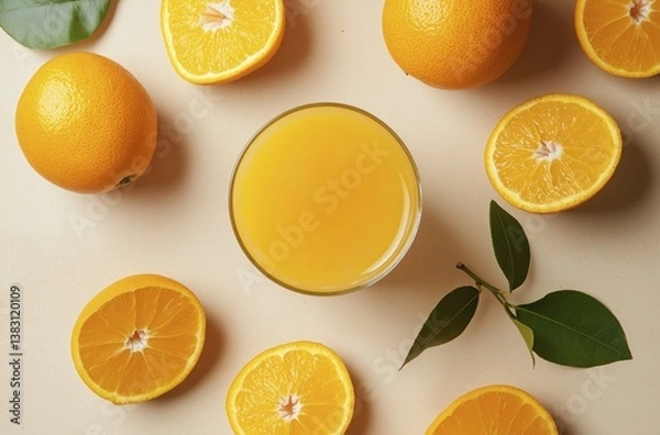 Fototapeta Fresh orange juice surrounded by whole and sliced oranges on a light background
