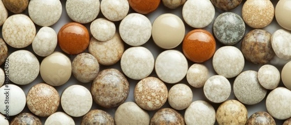 Fototapeta Diverse Collection of Round Pills in Earthy Tones Creates an Abstract and Organic Pattern from Above for Wellness