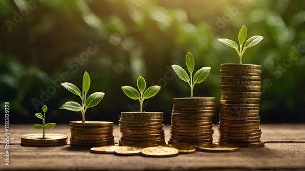 Fototapeta Growing Wealth Concept: Stacks of Gold Coins with Green Seedlings, Financial Growth and Investment: Money and Nature Symbolism, Business Success and Savings: Increasing Coins with Plant Growth
