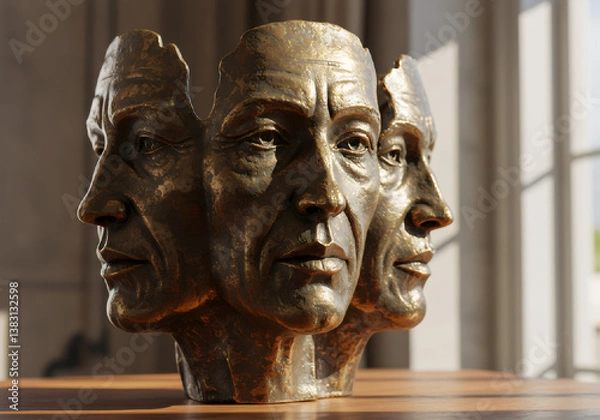 Fototapeta A polished bronze sculpture of a multi-faced man, reflecting different perspectives.
