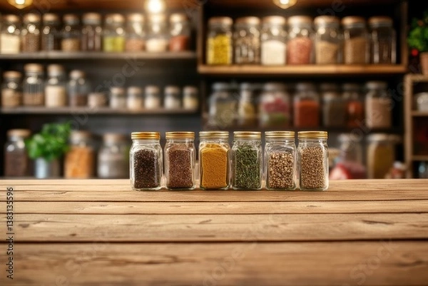 Fototapeta Wooden Table with Spice Jars in a Kitchen