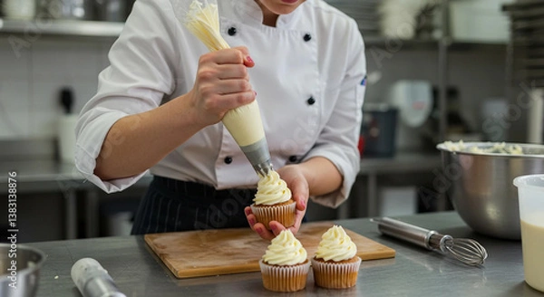 Obraz Pastry chef piping cream onto cupcake in soft natural light