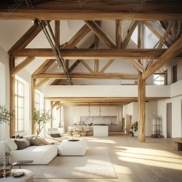 Fototapeta Spacious modern loft design features timber beams and sunlight-filled interiors in a contemporary setting