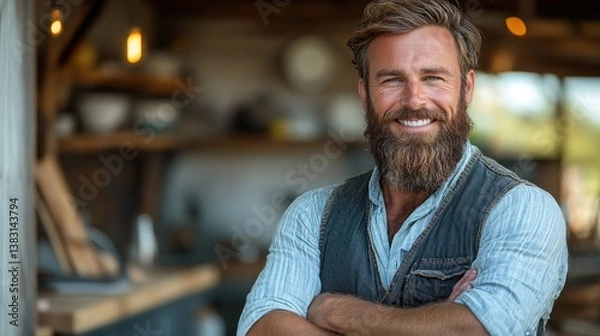 Obraz Smiling Man with Beard in Rustic Setting