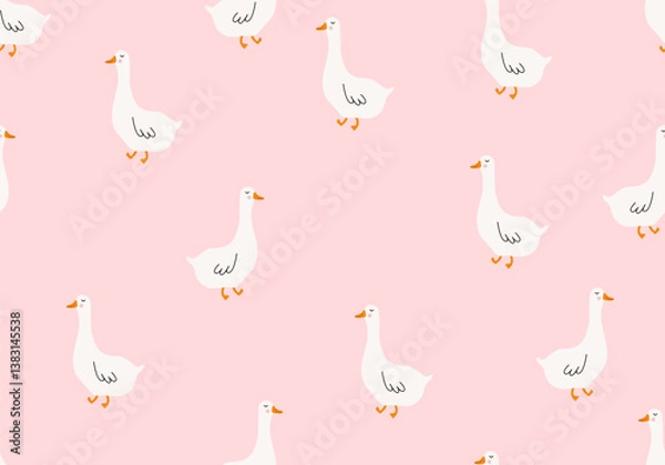 Obraz Goose farm animals seamless vector pattern. Cute geese seamless pattern. Seamless pattern with geese. Cute cartoon characters