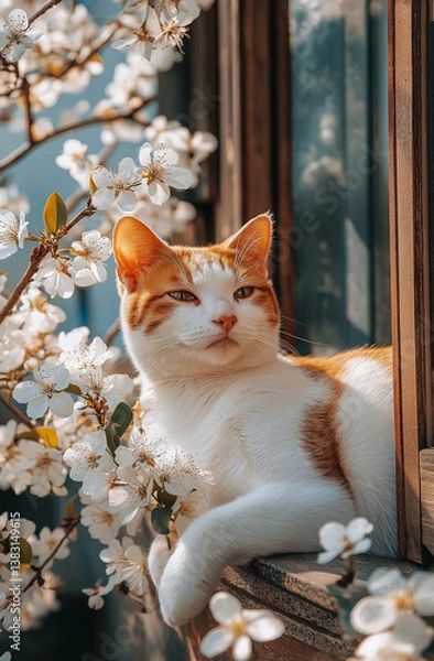 Fototapeta A cat lounging by the window ledge