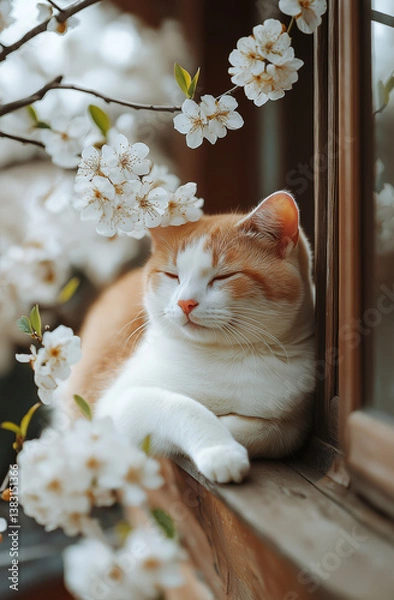 Fototapeta A cat lounging on a windowsill