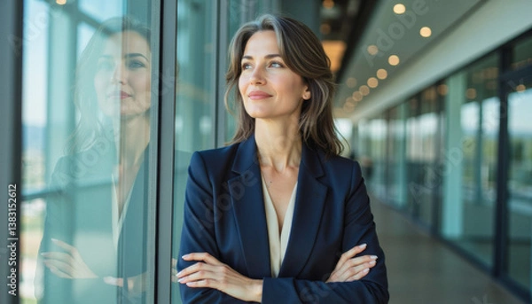 Fototapeta Modern portrait headshot of a friendly ceo executive business worker: A confident businesswoman with graying hair stands with her arms crossed, gazing thoughtfully out of a large window in a modern 
