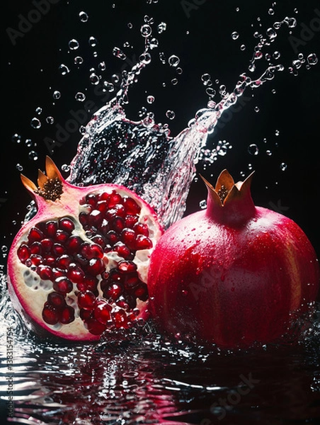Fototapeta Whole and Halved Pomegranates Splashing in Water on Black Studio Background