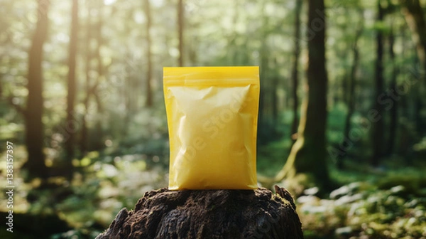 Fototapeta mockup yellow food standing pouch standing on a piece of wood in the forest. Ai generated images