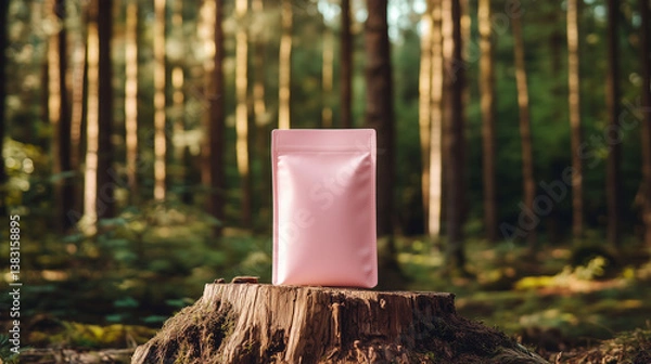 Fototapeta mockup pink food standing pouch standing on a piece of wood in the forest. Ai generated images