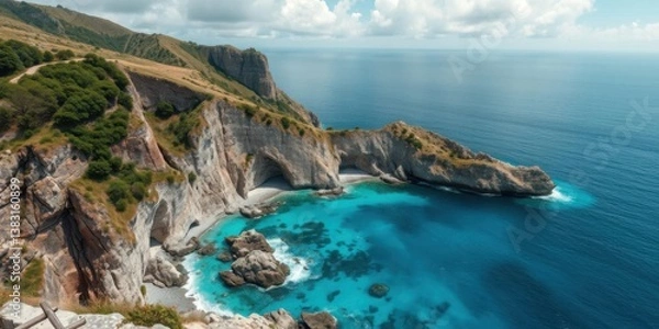Fototapeta Stunning Coastal Cliffs Turquoise Ocean Aerial View