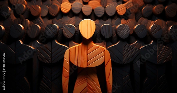 Fototapeta Closeup of one single orange human shape (wooden figurine) among a large group of black ones. Standing out from the crowd, thinking outside the box, leadership and individuality concept. Generative Ai