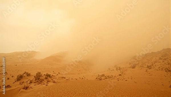 Obraz Vivid image of a desert sandstorm engulfing endless dunes creating a mesmerizing blend of golden tones and dynamic shadows