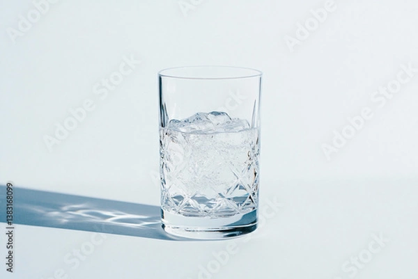 Fototapeta Glass of clear water with ice and dissolving vitamin tablet on a white background