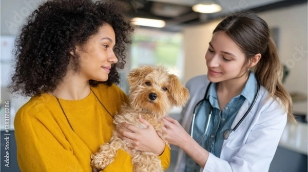Fototapeta Veterinary care for pets animal clinic photography indoor close-up compassionate support