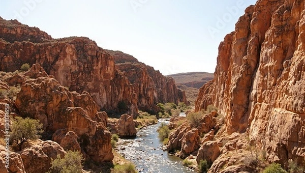 Fototapeta Discover the untamed beauty of a remote canyon where ancient rivers sculpted rugged cliffs and a winding river reflects the blazing sun