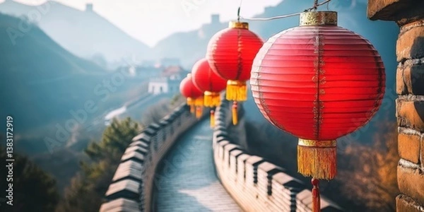 Obraz Traditional Chinese lanterns lining the Great Wall during a festival