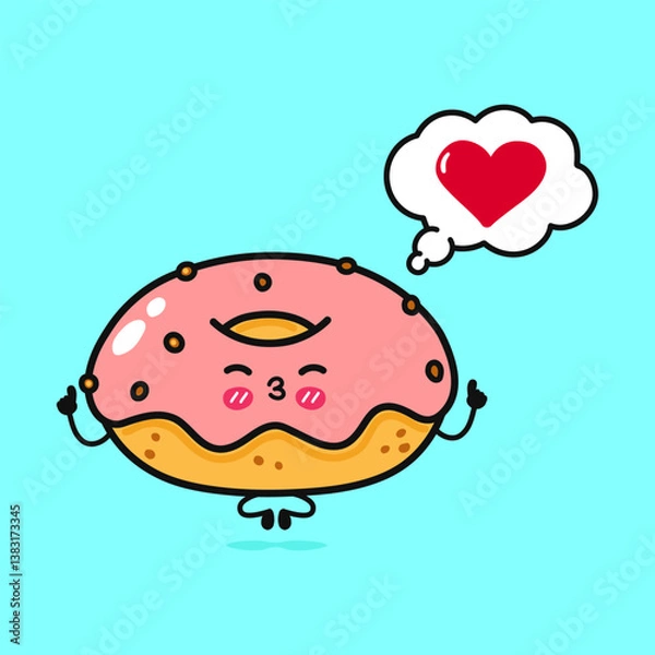 Fototapeta Donut doing yoga with speech bubble. Vector hand drawn cartoon kawaii character illustration icon. Isolated on blue background. Donut in love character concept