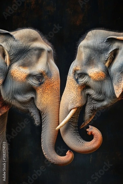 Obraz Two elephants greeting each other with their trunks intertwined