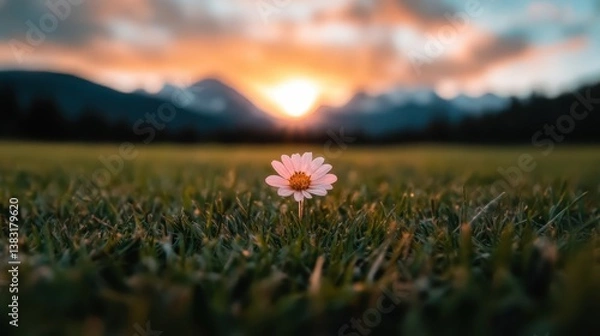 Fototapeta A single flower stands resilient against a vibrant sunset, embodying solitude and strength within nature's canvas filled with colors that inspire contemplation and peace.